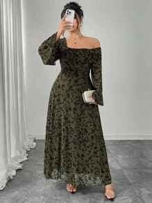 Modelyn 大码女式不对称露肩植绒花朵修身长袖连衣裙 - 軍綠色 - 查看 3
