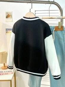 Tween Girl Letter Patched Striped Trim Drop Shoulder Varsity Jacket - Black and White - View 2