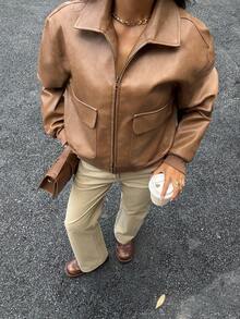 Siren Gaze Chic Brown PU Jacket For Women, 2025 New Fall Winter Clothes, Old Money Style Loose Fit Zip - Up With Patch Pockets, Elegant Casual Wear For Party/Commuting/Street Outfits, Must - Have Winter Jackets