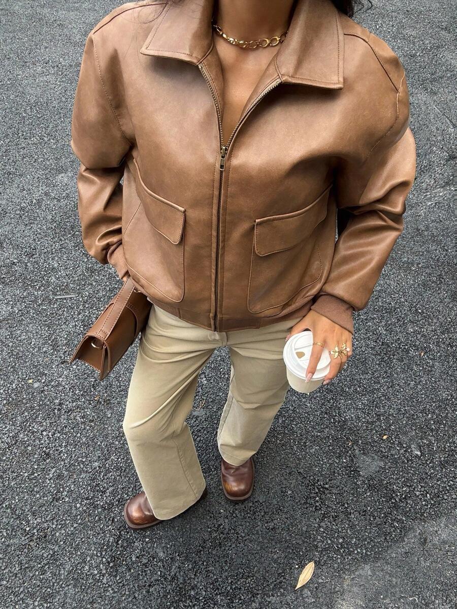 Siren Gaze Chic Brown PU Jacket For Women, 2025 New Fall Winter Clothes, Old Money Style Loose Fit Zip - Up With Patch Pockets, Elegant Casual Wear For Party/Commuting/Street Outfits, Must - Have Winter Jackets
