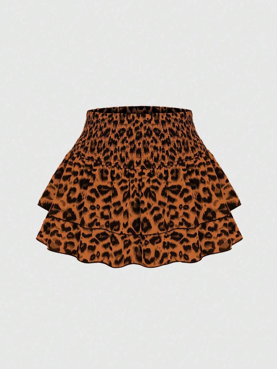 SHEIN Tall Fashionable Leopard Print Double Ruffle Hem Skirt For Tall Women, Spring/Summer - Brown - View 1