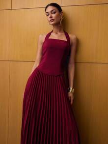 MOTF PREMIUM 褶饰挂脖连衣裙 - 酒紅色 - 查看 7