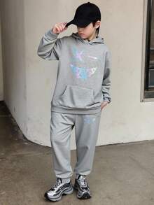 2pcs Teenage Boys' Personalized Graphic Print Hoodie Sweatshirt And Comfortable Casual Slim Fit Pants Set, Suitable For School, Daily Wear, Autumn/Winter Fall