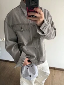 Claim Dot 男士宽松简约设计纯色水洗牛仔夹克，秋季 - 灰色 - 查看 4