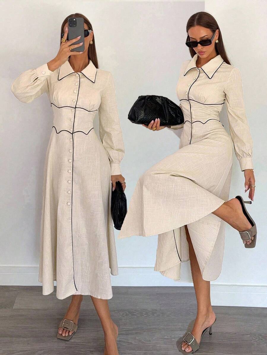 Siren Gaze Women's Casual Commuter Color Block Trim Front Button Long Dress, Fall Women Clothes,Back To School,Country Concert Outfit , Business Casual Woman, Teacher Outfits For Women,Date Night Outfits Women ,Birthday Outfit ,Brunch Outfits For Women,Western Women Wear ,Business Casual Woman ,,Fall Dresses For Women Winter Elegant Evening Dress