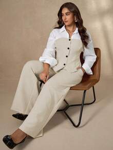 Chikora Plus Size Elegant White Autumn Office Commuter Patchwork Shirt & Wide Leg Linen Pants 2 Pieces Set,Women Linen Vest Outfit Pants Suit Outfits - Multicolor - View 5