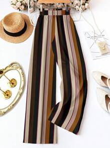SHEIN LUNE 休闲长款涤纶阔腿裤女纸袋腰条纹裤条纹长裤女条纹裤竖条纹裤高腰条纹裤秋装冬装 - 彩色 - 查看 3