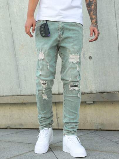 Manfinity Roughcore Calça jeans masculina casual, desbotada, slim fit, rasgada, skinny, elástica, vintage, lavada, slim fit, jeans rasgado