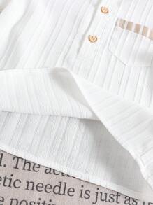 SHEIN 2 件套男婴休闲学院风灰色中式立领衬衫和条纹松紧腰裤套装，适合生日派对、晚会、表演、婚礼、迎婴派对、1 岁生日庆祝