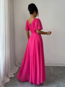 Selianne Ruffled Sleeve Waist Cinched V-Neck A-Line Minimalist Elegant Romantic Sophisticated Women Dress - Hot Pink - View 2