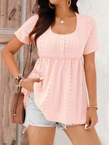 SHEIN LUNE Camiseta de manga corta de mujer casual de vacaciones, de unicolor y textura - Rosa - Ver 1