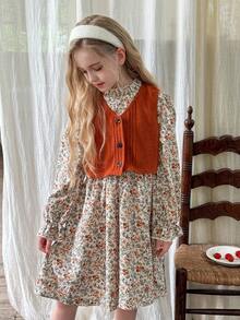 LMoss Kids Set de chaleco casual de unicolor tejido y vestido floral diminuto para niña preadolescente - Multicolor - Ver 1