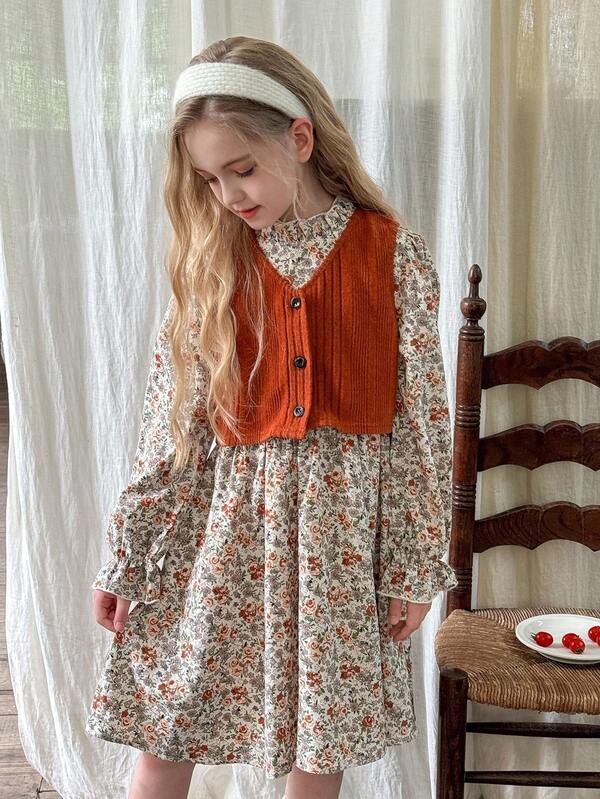 LMoss Kids 2pcs Tween Girl Woven Solid Color Casual Vest And Ditsy Floral Dress Set Toddler Girl Floral Dress Girls Autumn Dress Boho Flower Girl Dress Rust Orange Vest Dress Vintage Style Kids Dress Teen Girls Outfit Sets Fall Winter
