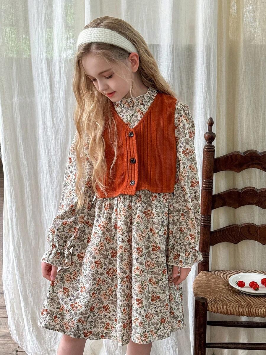 LMoss Kids Set de chaleco casual de unicolor tejido y vestido floral diminuto para niña preadolescente - Multicolor - Ver 1