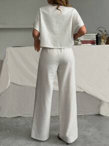 EURMUSE 女士民族风亚麻衬衫和裤子两件套