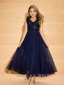 青少年女孩 V 领细肩带亮片撞色网眼腰连衣裙，优雅适合舞会、派对、学校开学典礼 - 藍色 - 查看 6