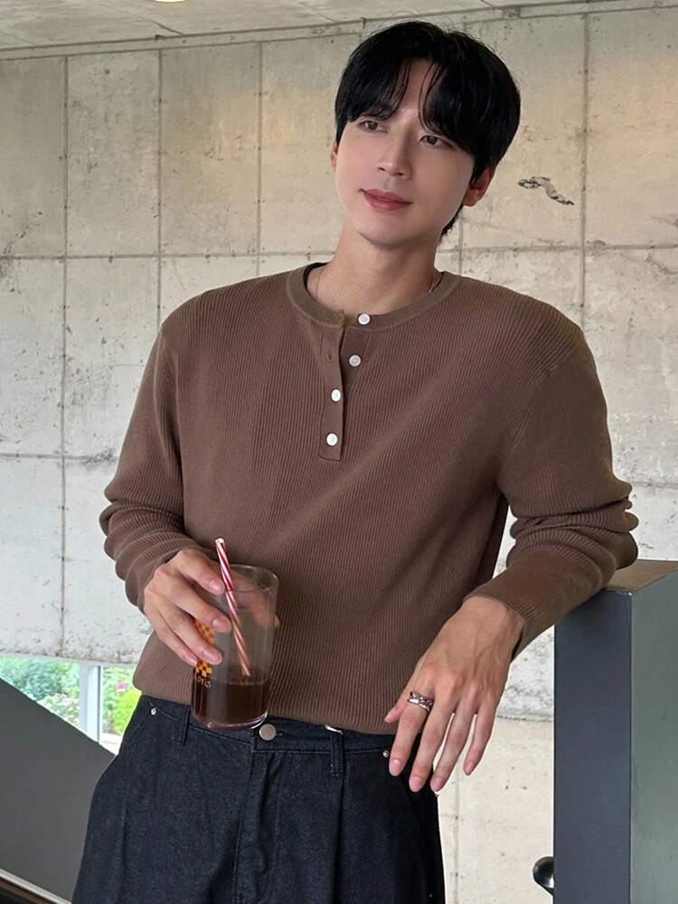 Men's Solid Brown Half-Zip Textured Knit Sweater, Autumn