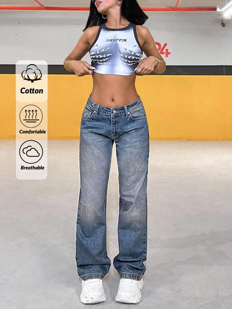 EURMUSE Vintage Y2K Jeans mit tiefer Taille und weitem Bein - Dunkle Waschung - Übersicht 1