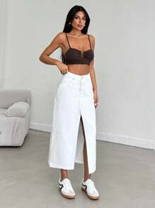 EURMUSE WHITE JEAN SKIRT MIDI LENGHT SLIT DETAIL - White - View 4