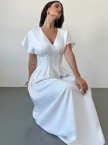 Firerie Vestido largo elegante con cintura anudada para mujer - Blanco - Ver 9
