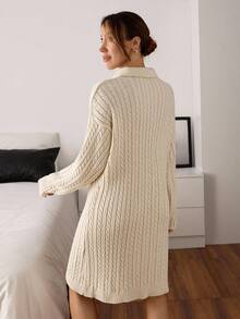 EURMUSE Cream Cable Knit Mini Dress With Polo Embroidery And Balloon Sleeves - Cream - View 2