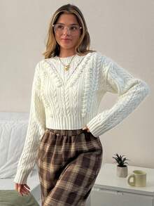 EURMUSE 奶油色粗针织短款毛衣，3D 蝴蝶结细节和罗纹下摆 - 女性化舒适触感 - 杏色 - 查看 8