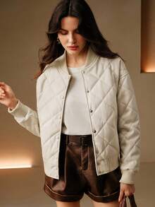 Anewsta 女式休闲 PU 皮革夹棉棒球飞行员外套，长袖 - 白色 - 查看 6