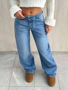 SHEIN Tall 高腰休闲宽松直筒牛仔裤 - 中等水洗藍 - 查看 5