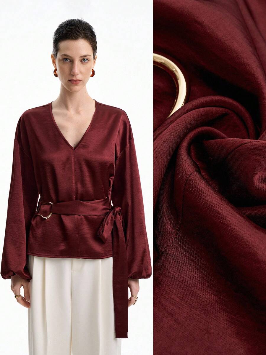 Aalyst Camisa de mujer de manga larga con cuello en V, decoración metálica y cintura ceñida, ajuste slim, minimalista y versátil, adecuada para el uso diario, otoño - Burdeos - Ver 1