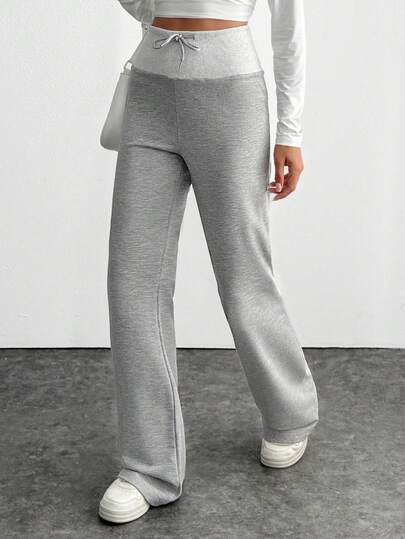 EURMUSE Women, Autumn, Sweatpants, Long Length, Flare Leg, Grey Melange, Contrast Color Belt,