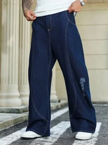 Manfinity Homme Jeans in denim con vestibilità morbida, effetto consumato e ricamo a lettere, adatti per tutte le stagioni - Blu - Visualizzare 3