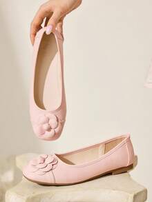 CUCCOO CHICEST Women's Floral Embellished Square Toe Ballet Flats, Elegant Sweet Commuting Romantic Comfortable Classic Light Pink Faux Leather Slip-On Shoes For Afternoon Tea, Date, Party, Office, School, Vacation, Versatile - Baby Pink - View 5