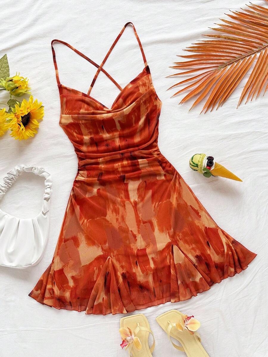 Soleia Váy quai chéo họa tiết ngẫu nhiên thông thường dành cho nữ, cỡ chữ - màu nâu - Xem 1