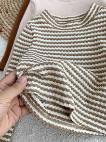 SHEIN LMoss Kids LMoss Baby Girl 3pcs Baby Girl Knitted Striped Collar Casual T-Shirt Set Baby Girl Long Sleeve Shirt Baby Girl Knit Top Baby Girl Long Sleeve Top Baby Girl Striped Shirt Baby Girl Casual Top Fall Winter