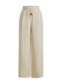 SHEIN x PRISCILA & JIMENA MOTF PREMIUM LINEN WIDE LEG PANTS - Apricot - View 4