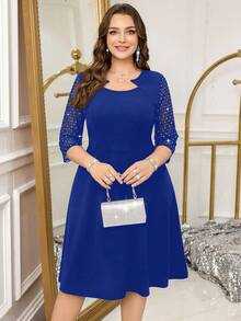 Reflora Plus Size Women's Rhinestone Mesh 3/4 Sleeve Elegant Dress - Royal Blue - View 5