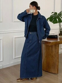 DAZY Women's Casual Hem Drawstring Loose Long Dress & Denim Suit - Blue - View 1