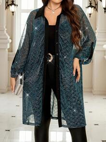 大码女式金属色袖可转换长款透视衬衫，时尚派对外出长袖上衣，女士秋季时尚上衣，适合秋季派对穿着。 - 彩色 - 查看 3