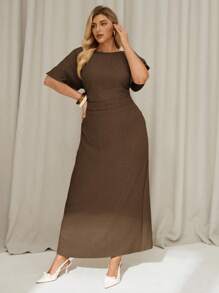 Auralis Plus-Size Summer Solid-Colored Linen Dress For Ladies, Short-Sleeved Long Dress, Summer Ladies' Dress Dresses For Women Summer Vacation Dress Casual Dresses For Woman,Modest Dresses For Women Spring - Brown - View 6