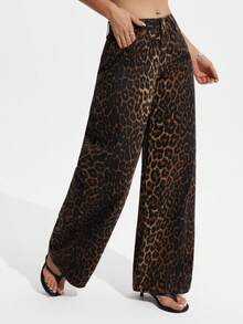 SHEIN PETITE Women's Fashion Commuter Leopard Print Wide Leg Jeans - Multicolor - View 4