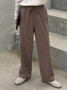 DAZY 秋季格纹面料松紧腰棕色街头潮流男士长裤，适合秋季
