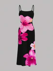 SHEIN 女童花卉图案修身休闲舒适吊带中长连衣裙 - 黑色 - 查看 2