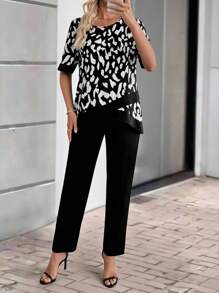 EMERY ROSE 2pcs Summer Women Allover Allover Print Short Sleeve Top And Solid Color Pants Set Fall Women Clothes Fall Clothes For Women Fall Outfits Women Autumn Clothes Fall Outfits Autumn Winter Clothes For Women Winter Business Casual Woman Usiness Casual Outfits Women Usiness Casual Outfits Women Country Country Outfits Women Old Money Basic Teacher Outfits For Women Oing Out Tops Women Back To School - Brown - View 10