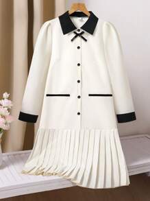 Elladie kids Váy cardigan cổ dài tay màu tương phản cho bé gái tuổi teen, trang phục trang trọng cao cấp thanh lịch, phong cách mới đa năng cho mùa thu/đông, màu be thu - trắng - Xem 6
