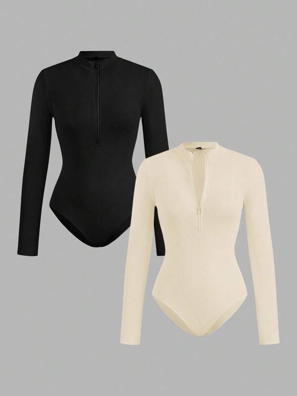 SHEIN EZwear 2 件女式黑色和杏色拉链高领紧身连体衣套装，休闲长袖，适合秋冬季