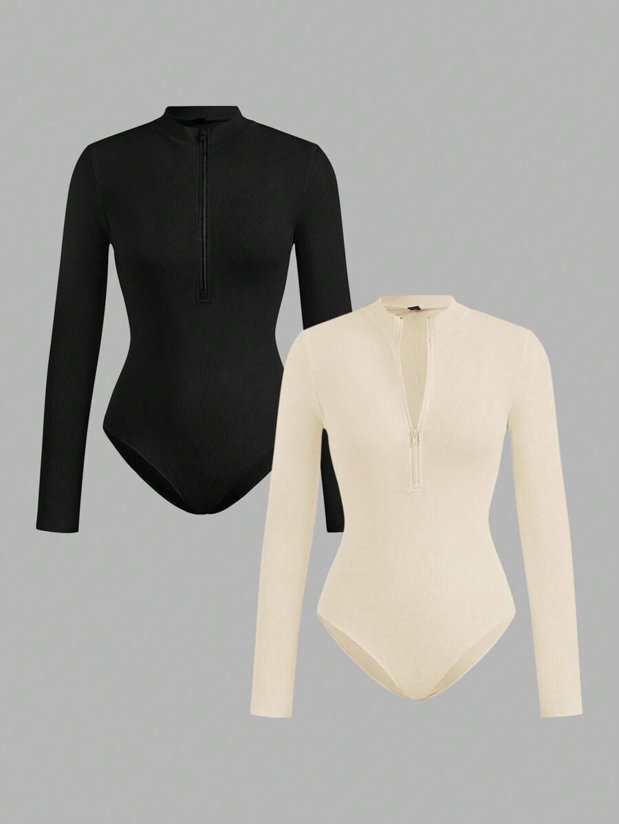 SHEIN EZwear 2 件女式黑色和杏色拉链高领紧身连体衣套装,休闲长袖,适合秋冬季 - 彩色 - 查看 1