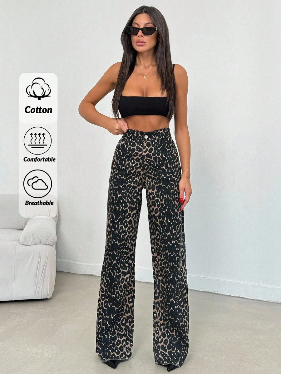 EURMUSE 100% Cotton MID RISE WIDEEG CUT LEOPARD TALL JEAN - Multicolor - View 1