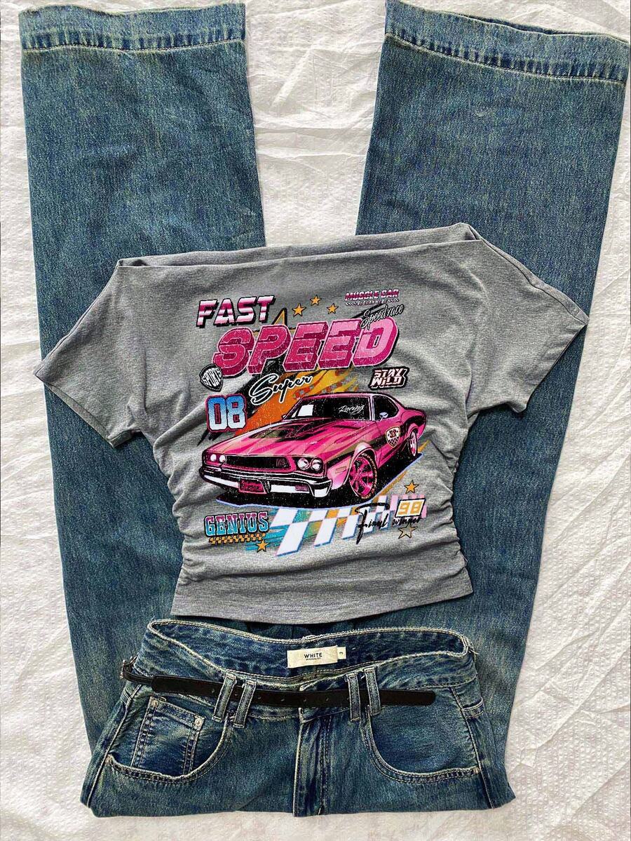 Attitoon 女士休闲腰部褶饰粉色汽车英伦印花朋克复古露肩紧身短袖T恤，适合夏季、街头风格和机场，露肩上衣