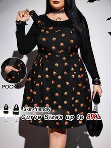 SHEIN CURVE+ Vestido casual con tirantes de mujer talla grande con estampado de calabaza y bolsillo, para otoño/invierno - Negro - Ver 1