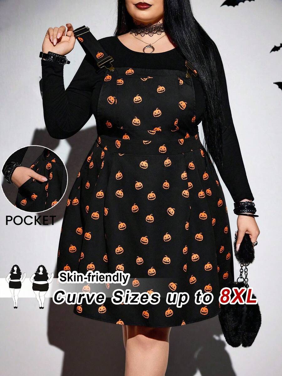 SHEIN CURVE+ Vestido casual con tirantes de mujer talla grande con estampado de calabaza y bolsillo, para otoño/invierno - Negro - Ver 1